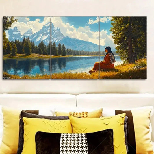 3pcs Girl by the River Painting Metal Print Ready to Hang Art