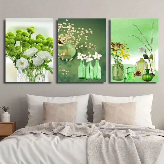 3pcs Emerald Green Bottle Plant Flower Perfect Wall Art Set Canvas Framed 40x60cm - High Quality Print 100% Australian Made Wall Canvas Ready to Hang