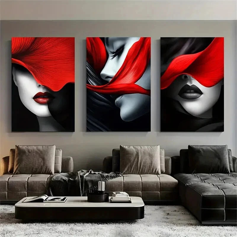 3pcs Bold Red And Black Lip Gloss Metal Print Ready to Hang Art