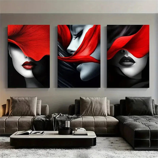 3pcs Bold Red And Black Lip Gloss Metal Print Ready to Hang Art