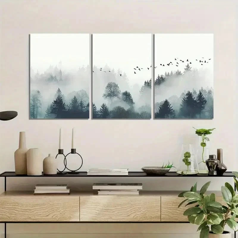 3pcs Nature-Inspired Misty Forest with Birds Metal Print Ready to Hang Art
