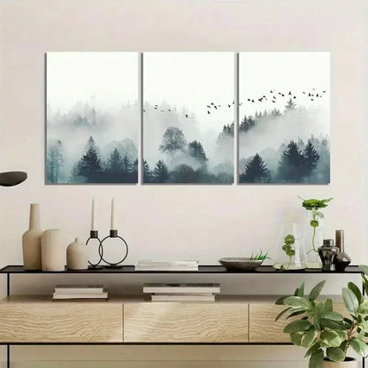 3pcs Nature-Inspired Misty Forest with Birds Metal Print Ready to Hang Art
