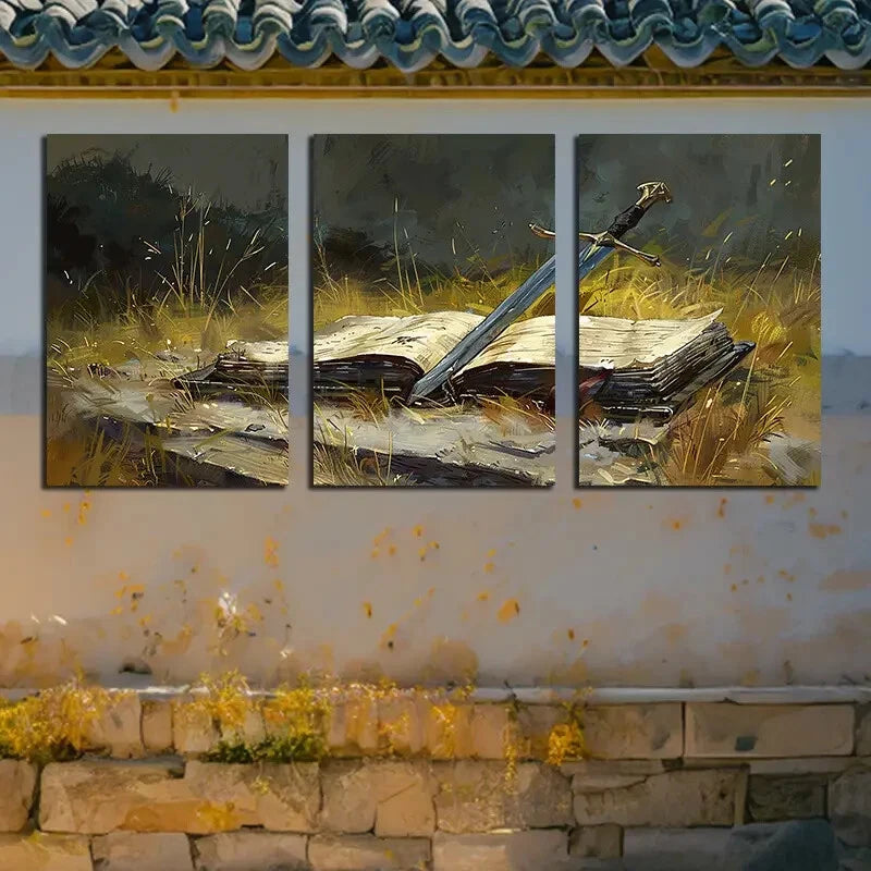 3pcs Slender Sword & Book Design, Lush Green Grass Metal Print Ready to Hang Art