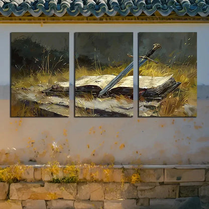 3pcs Slender Sword & Book Design, Lush Green Grass Metal Print Ready to Hang Art