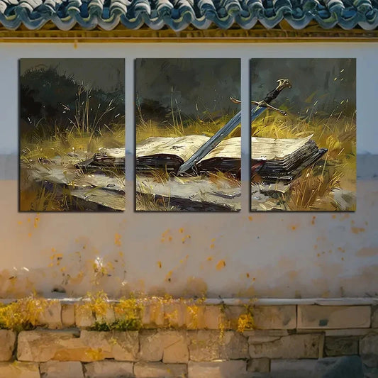 3pcs Slender Sword & Book Design, Lush Green Grass Metal Print Ready to Hang Art