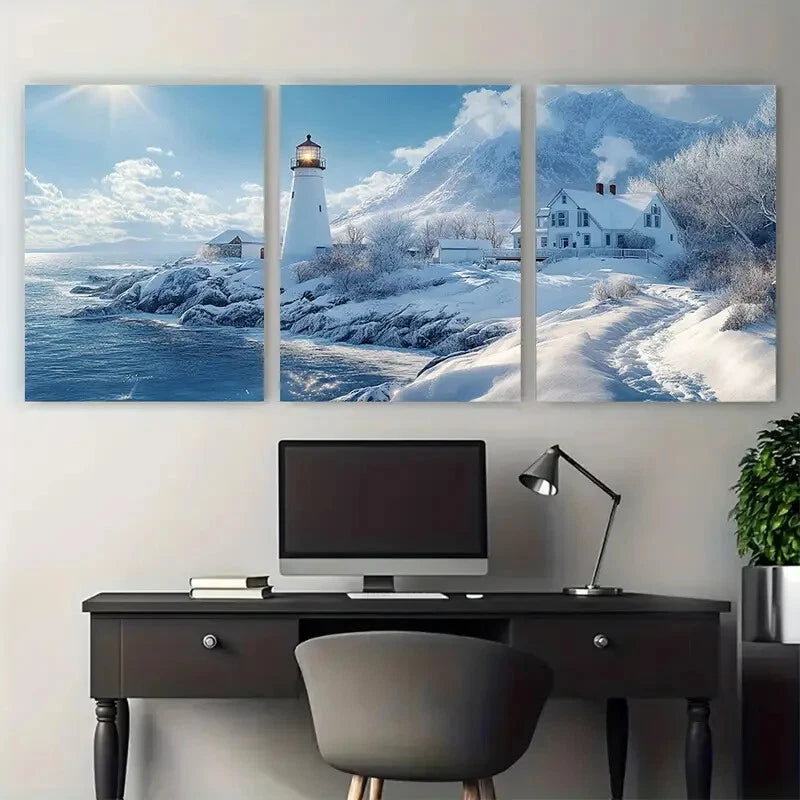 3pcs New England Coastline Lighthouses in Winter Metal Print Ready to Hang Art