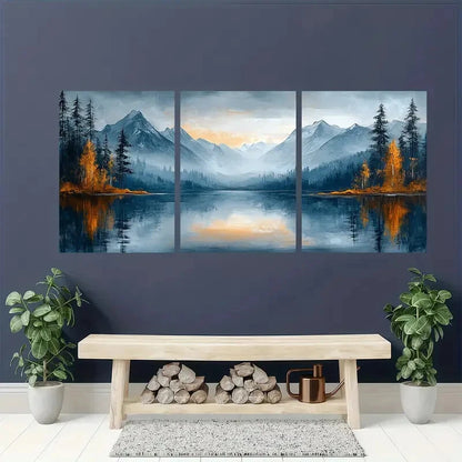 3pcs Mountain Landscape Serene Blue & Golden Hue Metal Print Ready to Hang Art