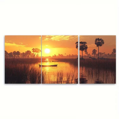 3pcs Mokoro Canoes Gliding Through Reeds Metal Print Ready to Hang Art