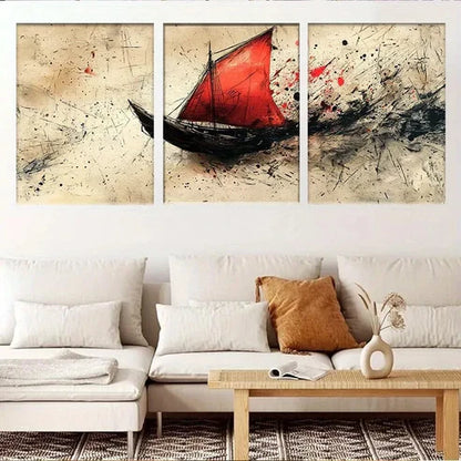 3pcs Abstract Red Sails Ship on Rough Seas Wall Art Set Canvas Unframed - High Quality Print 100% Australian Made Wall Canvas