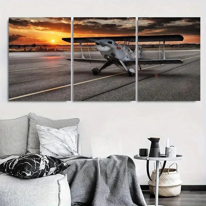 3pcs Vibrant Airplane Sunset Colors Metal Print Ready to Hang Art