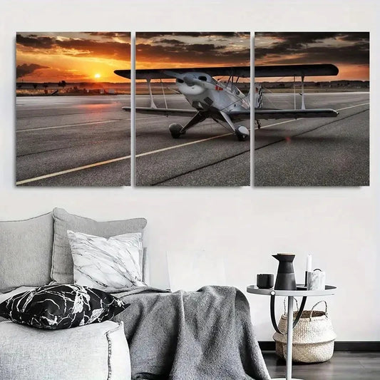 3pcs Vibrant Airplane Sunset Colors Metal Print Ready to Hang Art