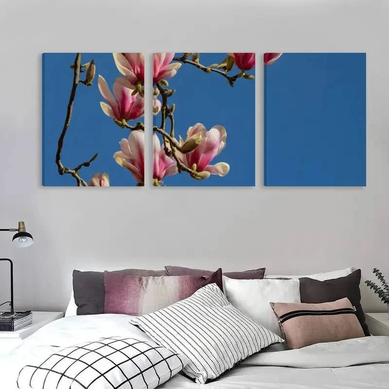 3pcs Pink & White Magnolia Branches on Blue Sky  Wall Art Set Canvas Framed 60x90cm - High Quality Print 100% Australian Made Wall Canvas Ready to Hang