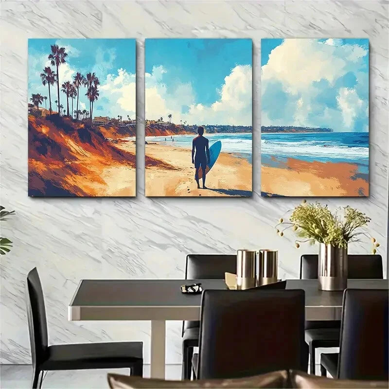 3pcs Vibrant California Beach Scene with Palm Metal Print Ready to Hang Art
