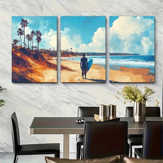 3pcs Vibrant California Beach Scene with Palm Metal Print Ready to Hang Art