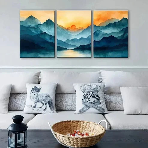 3pcs Blue Mountains and Orange Sunrise Wall Art Canvas Unframed - High Quality Print 100% Australian Made Wall Canvas