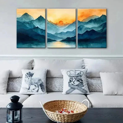 3pcs Blue Mountains and Orange Sunrise Wall Art Canvas Unframed - High Quality Print 100% Australian Made Wall Canvas