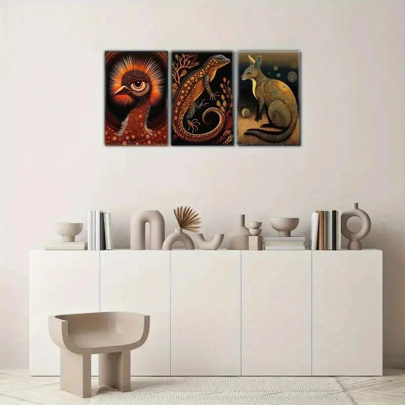 3pcs Peacock Rooster Kangaroo Animal Portrait Metal Print Ready to Hang