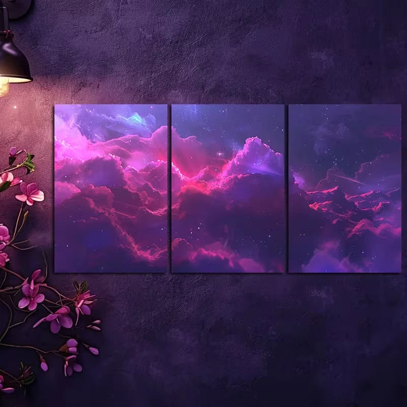 3pcs Vibrant Nebula with Red & Pink Glow Wall Art Set Canvas Framed 60x90cm - High Quality Print 100% Australian Made Wall Canvas Ready to Hang