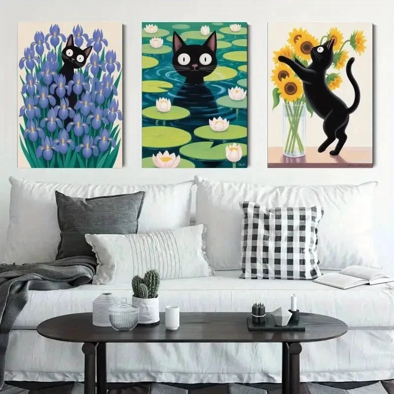 3pcs Paintings of Cats Irises Water Lilies Metal Print Ready to Hang Art