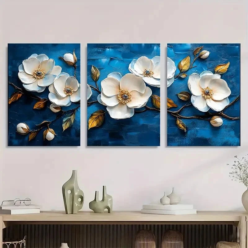 3pcs Blue White Flowers Painting Metal Print Ready to Hang Art