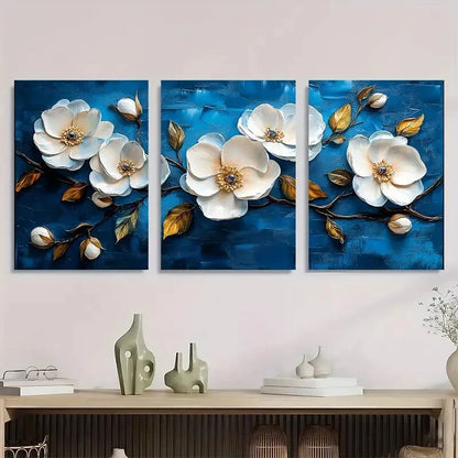 3pcs Blue White Flowers Painting Metal Print Ready to Hang Art