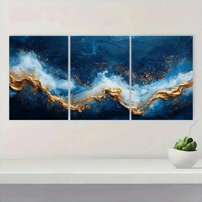 3pcs Blue and Golden Abstract Blue and White Metal Print Ready to Hang Art
