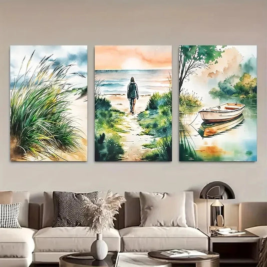 3pcs Seaside Grass Abstract Sea Views Neutral Metal Print Ready to Hang Art
