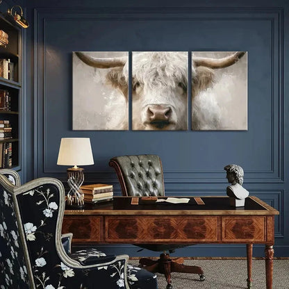 3pcs Artistic White Bull Portrait Abstract Metal Print Ready to Hang Art