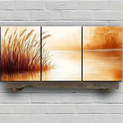 3pcs The Reeds by the Lake Orange Themed Metal Print Ready to Hang Art