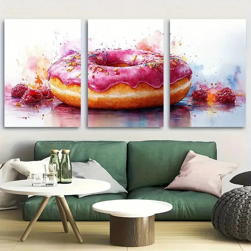 3pcs Bright Colors Donut Watercolor Metal Print Ready to Hang Art