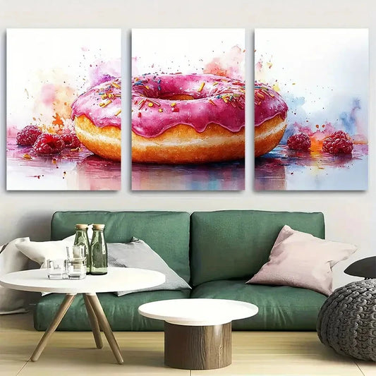 3pcs Bright Colors Donut Watercolor Metal Print Ready to Hang Art