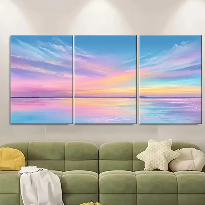 3pcs Soft Beach Sunrise Painting Coastal Landscape Metal Print Ready to Hang Art