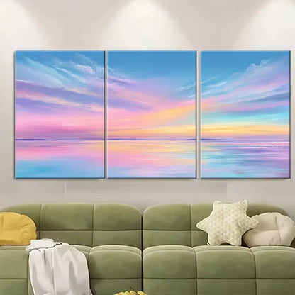 3pcs Soft Beach Sunrise Painting Coastal Landscape Metal Print Ready to Hang Art