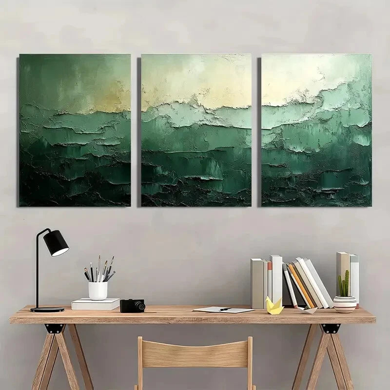 3pcs Green Abstract Minimalist Wabi Sabi Textured Metal Print Ready to Hang Art