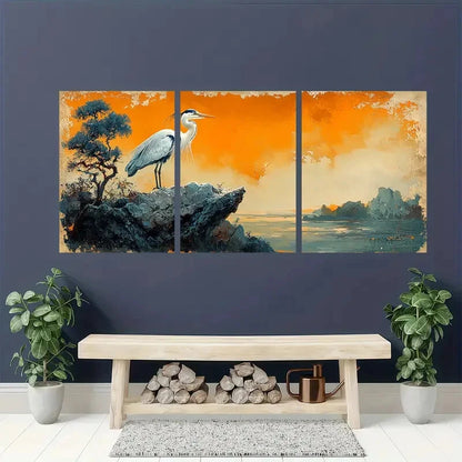 3pcs Heron Bird Animal Ukiyo e Style Japanese Metal Print Ready to Hang Art