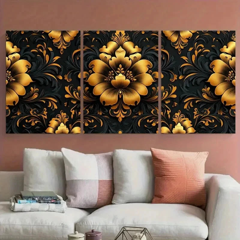 3pcs Ornate Golden Black Floral Damask Pattern Metal Print Ready to Hang Art