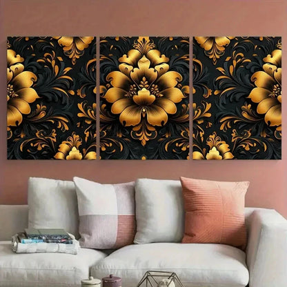 3pcs Ornate Golden Black Floral Damask Pattern Metal Print Ready to Hang Art