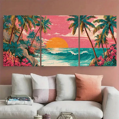 3pcs Puerto Rico Beach Scenery Illustration Wall Art Set Canvas Framed 50x70cm - High Quality Print 100% Australian Made Wall Canvas Ready to Hang