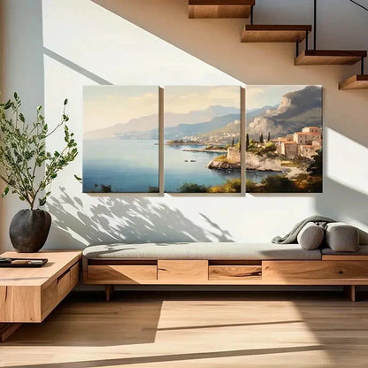 3pcs Mountain View Coastal Town Serene Waters Metal Print Ready to Hang Art