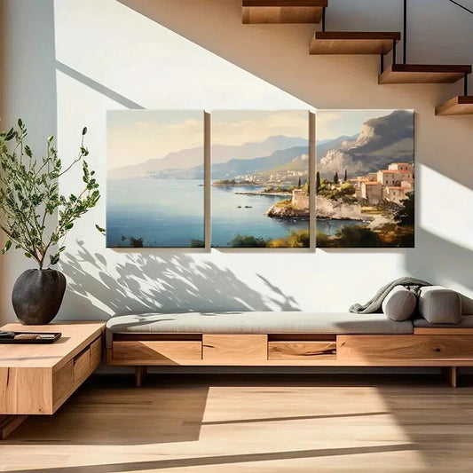 3pcs Mountain View Coastal Town Serene Waters Metal Print Ready to Hang Art