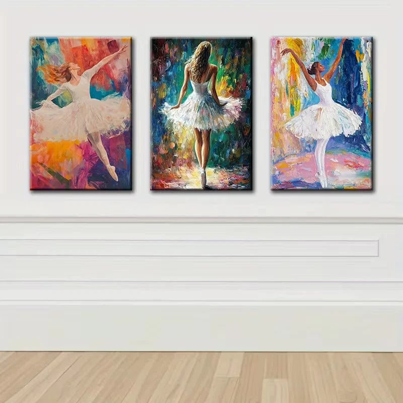 3pcs Elegant Ballerina Vibrant Illustration Wall Art Set Canvas Framed 50x70cm - High Quality Print 100% Australian Made Wall Canvas Ready to Hang