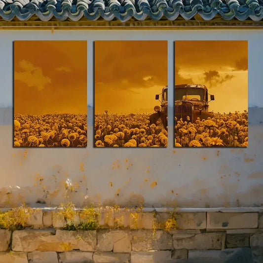 3pcs Rustic Trucks Half Buried On The Grass Metal Print Ready to Hang Art