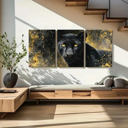 3pcs Black Panther Golden Splatter Background Metal Print Ready to Hang Art