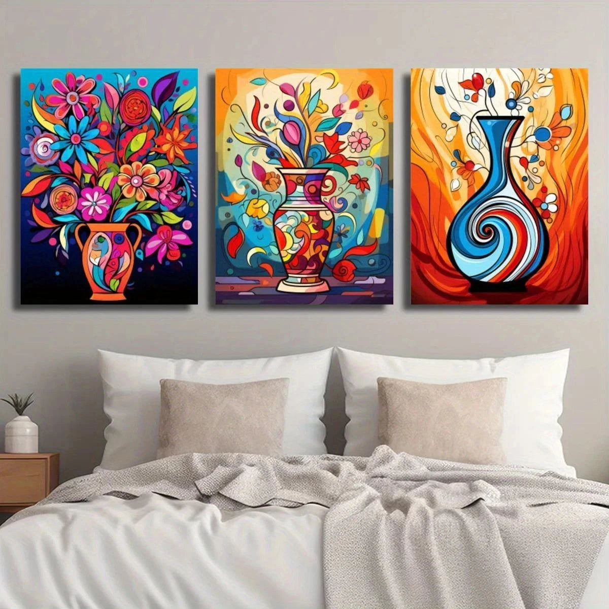 3pcs Abstract Plant and Flower Colorful Vase Metal Print Ready to Hang Art