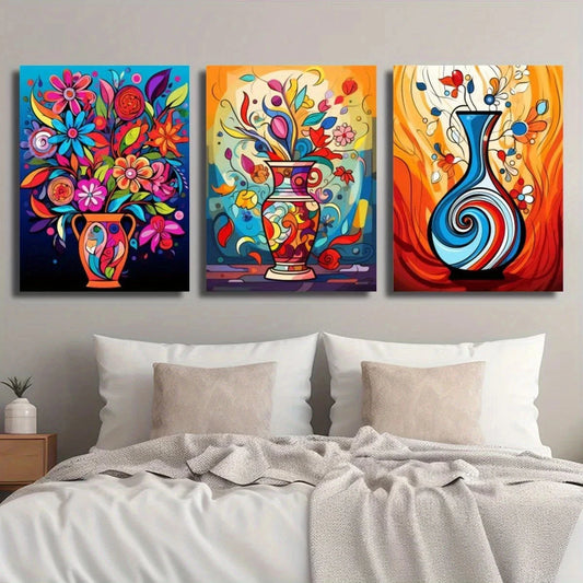 3pcs Abstract Plant and Flower Colorful Vase Metal Print Ready to Hang Art