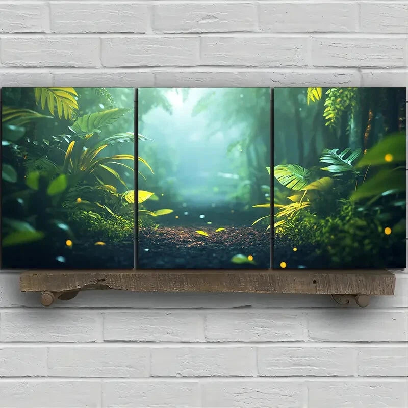 3pcs Sunshine in The Forest Green Leaves Metal Print Ready to Hang Art