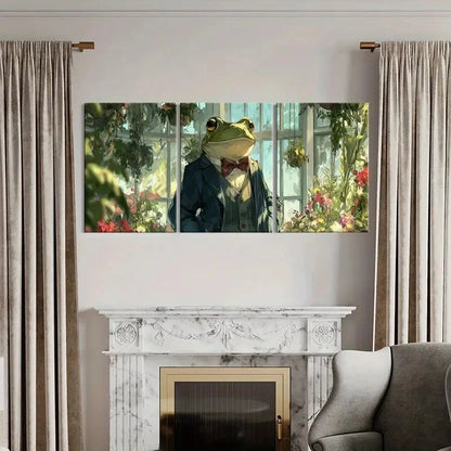 3pcs Elegant Frog in Suit Vintage Botanical Garden Metal Print Ready to Hang Art