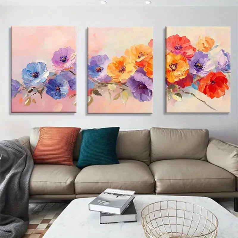 3pcs Vibrant Colorful Flower Oil Painting Style Metal Print Ready to Hang Art