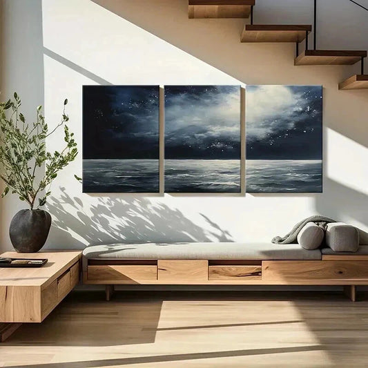 3pcs Moonlit Ocean Waves Dark Sky Clouds Night Wall Art Set Canvas Framed 40x60cm - High Quality Print 100% Australian Made Wall Canvas Ready to Hang