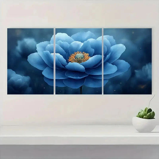 3pcs Light Blue Peony Flower Painting Metal Print Ready to Hang Art